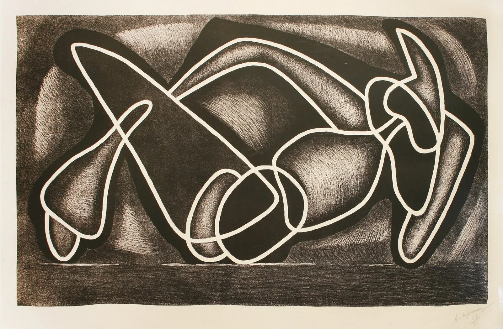 Alexander Archipenko, “Recontré” – abstract lithograph of an interlocking reclining figure in black and white