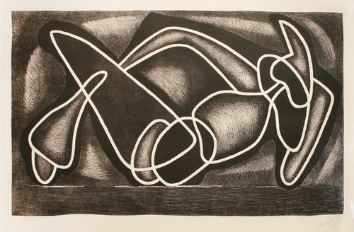 Alexander Archipenko, “Recontré” – abstract lithograph of an interlocking reclining figure in black and white