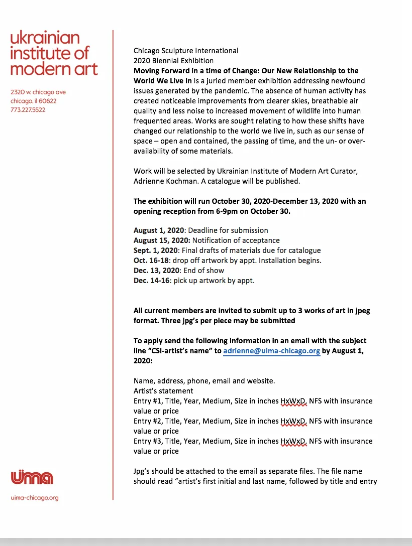Chicago Sculpture International 2020 Biennial Exhibition Submission Deadline