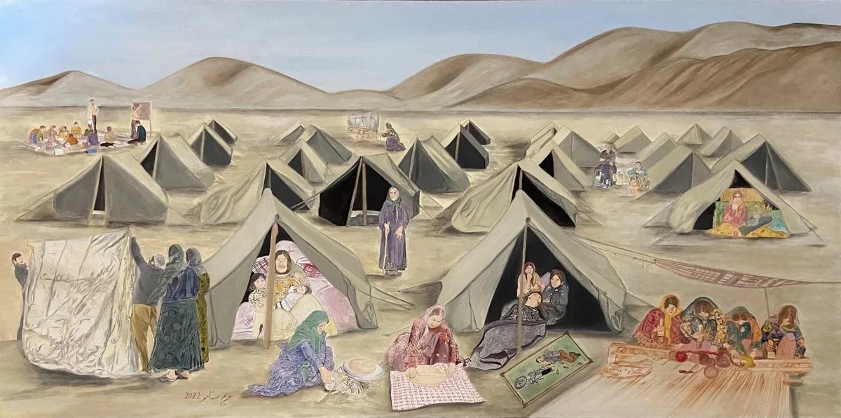 Installation view or artwork from Our Story Is One: Maryam Safajoo's Painting Series on the Persecution of Baha'is in Iran