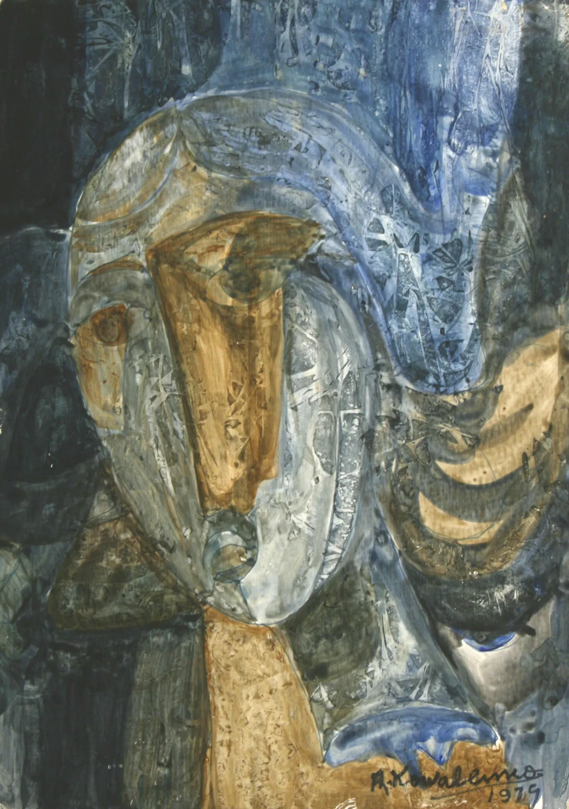 Expressionist painting in blues, grays and ochre of a stylized head, its surface scratched and textured