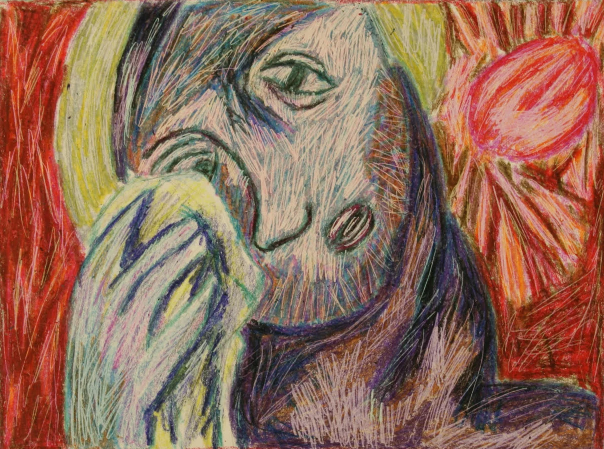 Crayon drawing of a face with a hand raised to the mouth, set against red and yellow-green fields and a pink flower-like shape