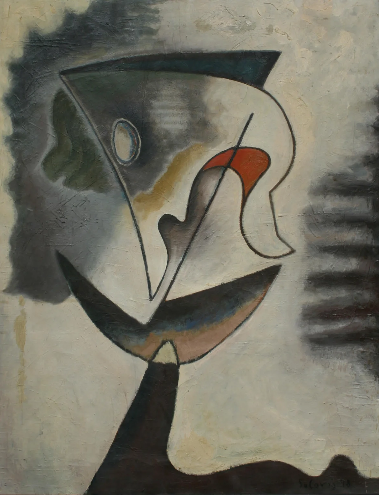 Abstract painting of a pale, sculptural head-like form with dark curved lines and a patch of orange-red, on a cream and gray ground