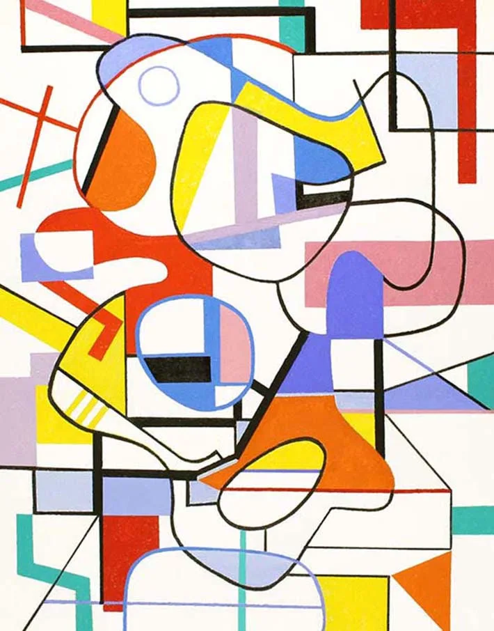 Geometric abstract painting of interlocking black-outlined curves and flat shapes in yellow, orange, red, blue, pink and teal on white